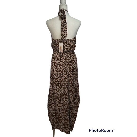 Womens Boho Leopard Print Peplum Halter Maxi Dress Small Elastic Waist Stretch - Picture 3 of 6